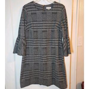 Calvin Klein Womens Bell Sleeve Dress Size 12 Black‎ White Houndstooth Plaid